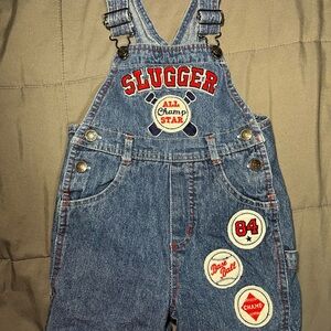 Vintage Little Rebels Slugger Baseball Denim Shortalls Baby 18M Patch Overalls